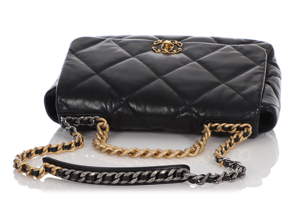 CHANEL Shiny Goatskin Quilted Small Chanel 19 Pouch With Handle Black  603500