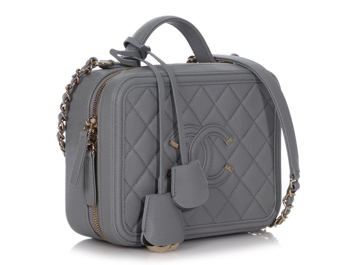 Chanel Medium Gray Part-Quilted Caviar CC Filigree Vanity Case