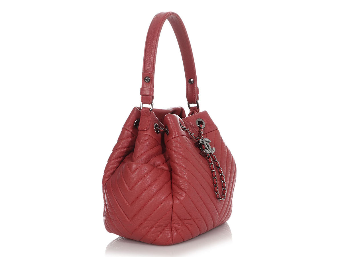 Chanel Small Red CC Chain Chevron-Quilted Drawstring Bucket Bag