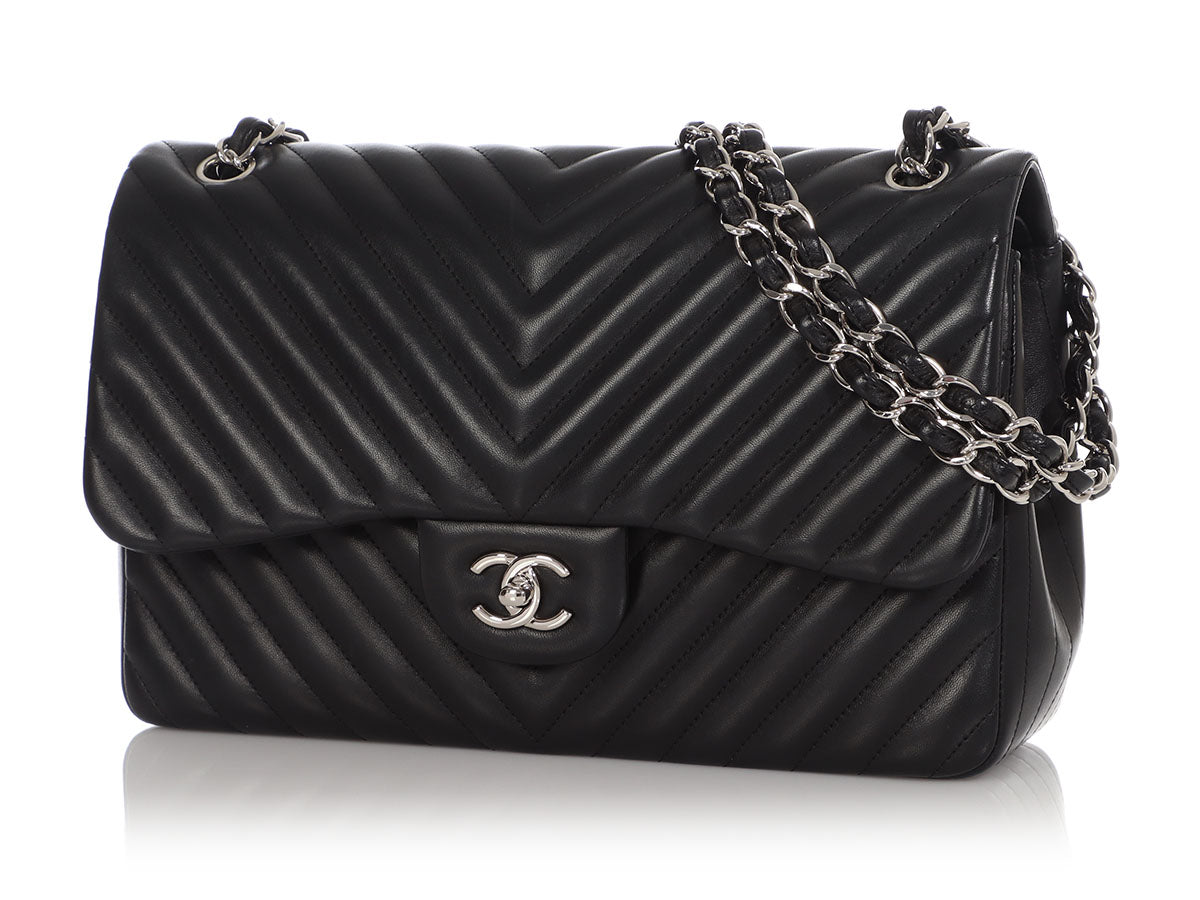 CHANEL Leather Chevron Quilted Double Flap Bag Black