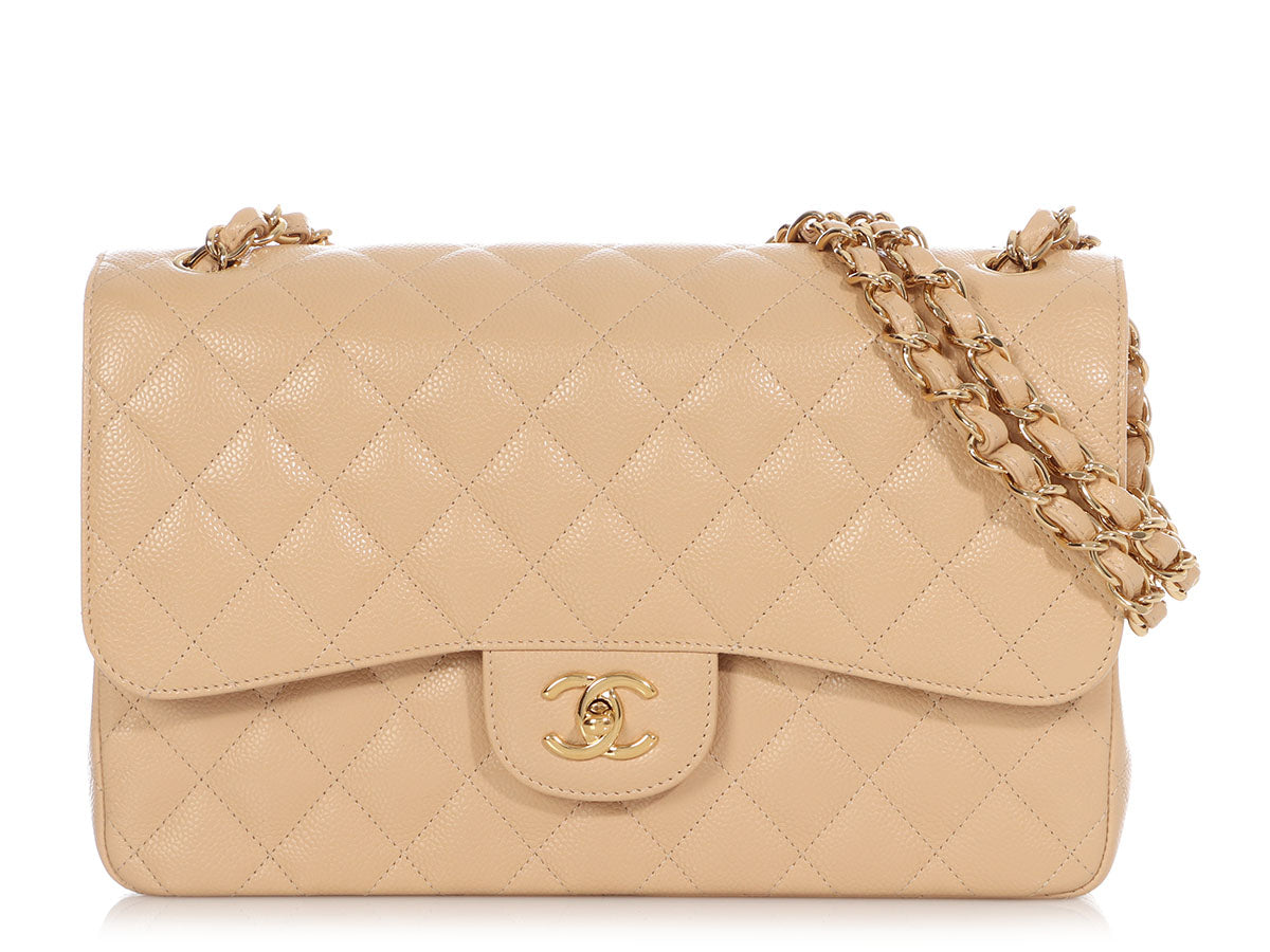 Chanel Authentic w RECEIPT Classic double Flap Jumbo Bag Beige Clair Caviar  GHW
