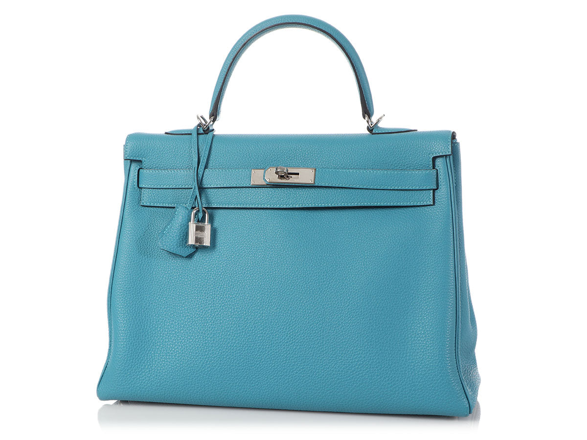 Hermes Kelly 35 cm Handbag in Aztec Blue, Apple Green and Rose Tyrien