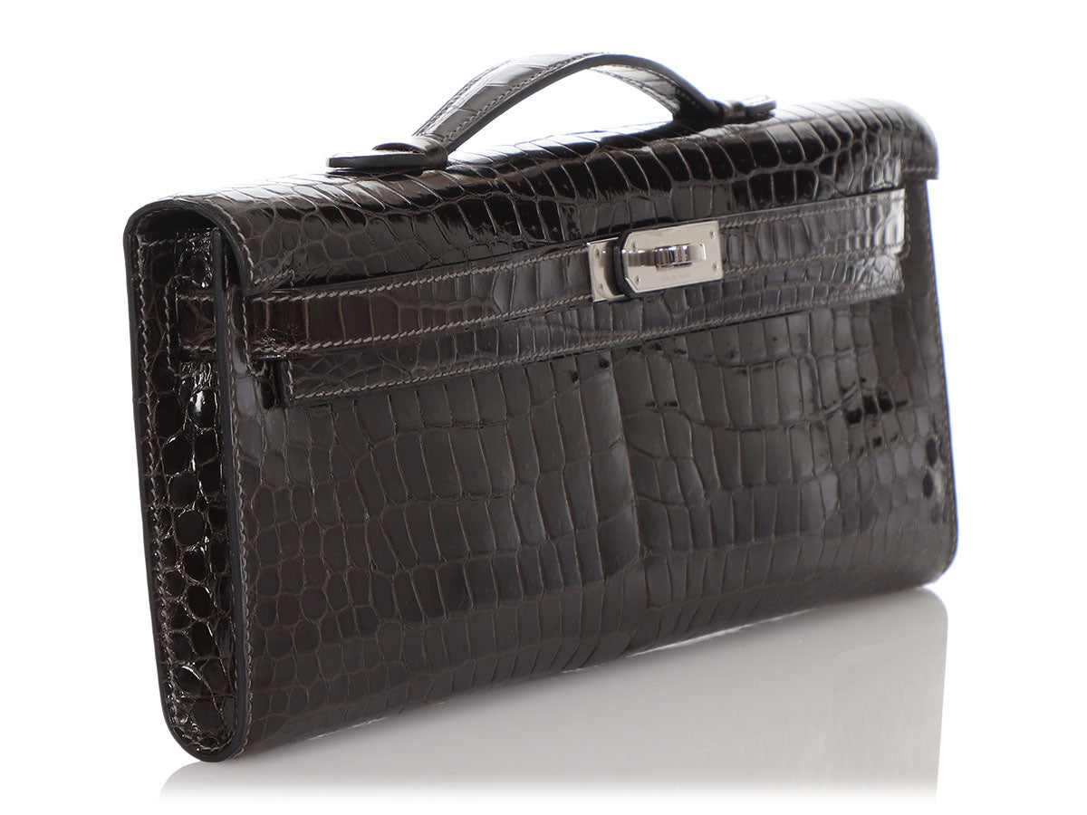Hermes Shiny Black Porosus Crocodile Kelly Cut Clutch Bag with, Lot #58302