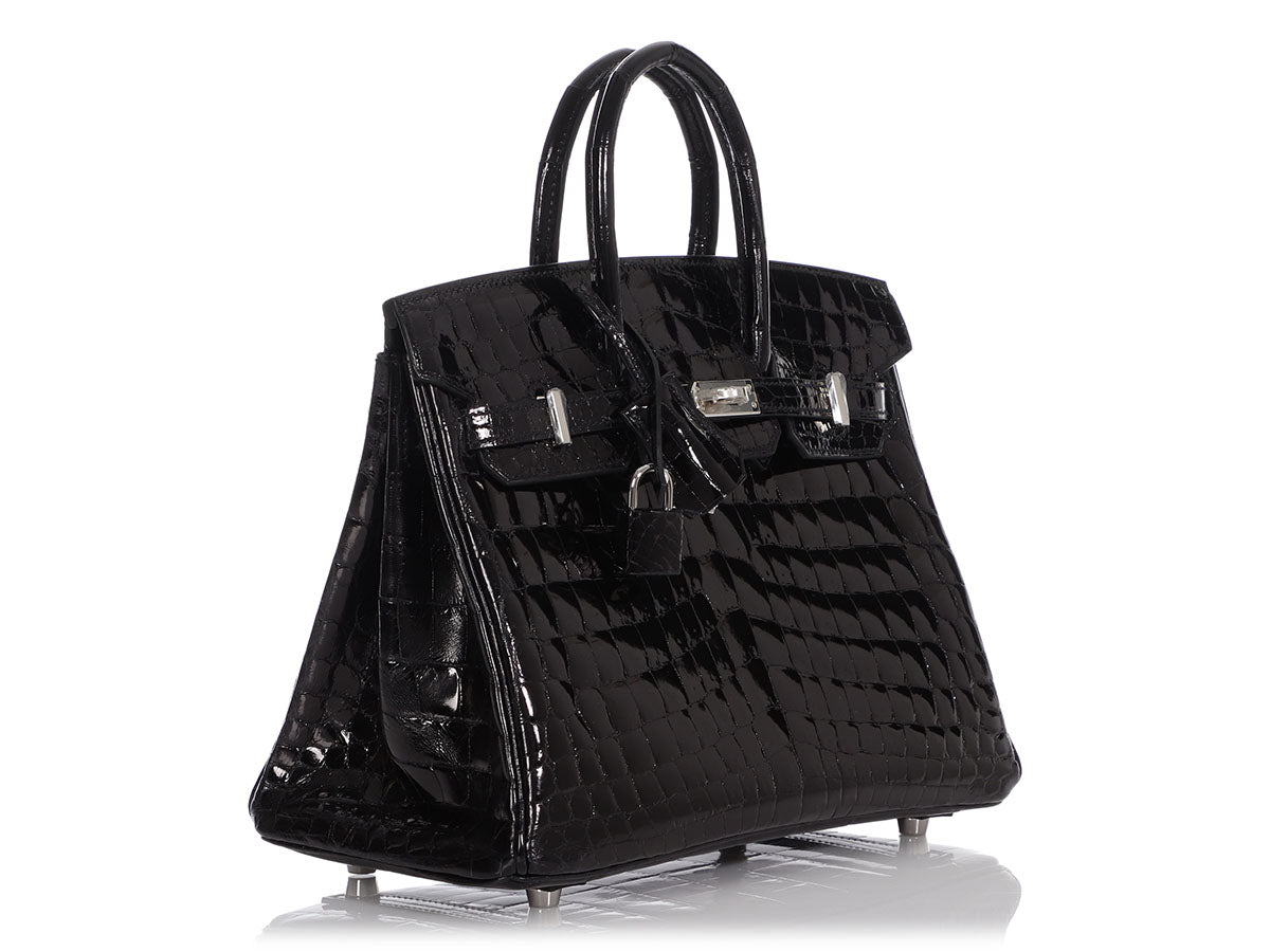 Hermès 25cm Shiny Black Niloticus Crocodile Birkin Bag with