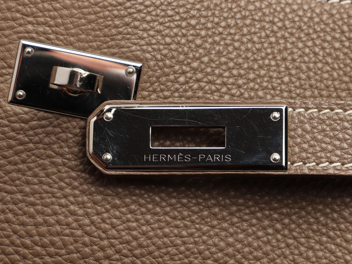 Hermes 22cm Etoupe Fjord Leather Palladium Plated So Kelly Bag - Yoogi's  Closet