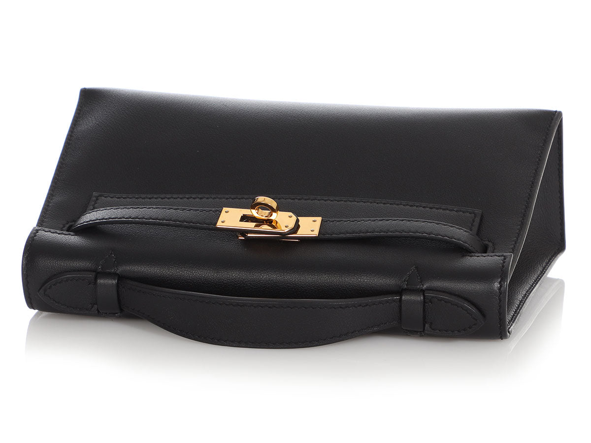 Hermes Noir Black Swift PHW Kelly Pochette Clutch Bag Handbag