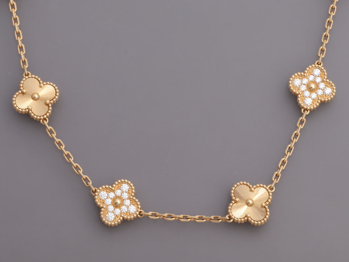Van Cleef & Arpels 10 Motif Diamond Vintage Alhambra Yellow Gold Necklace